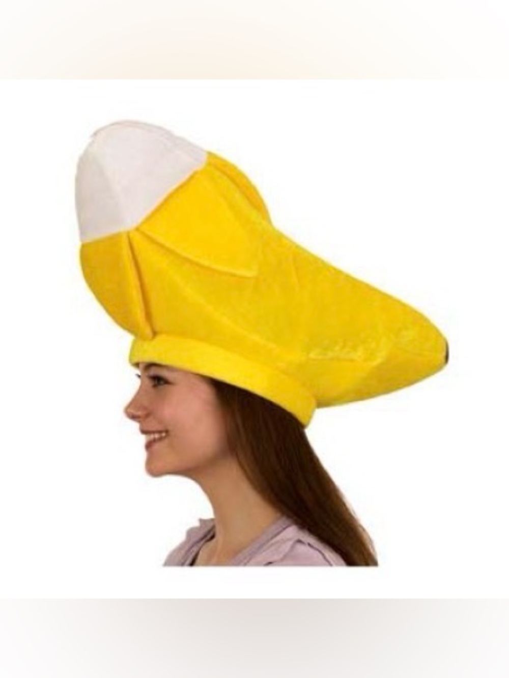Yellow Banana Fabric Hat. Costume,It features a large partially peeled ban